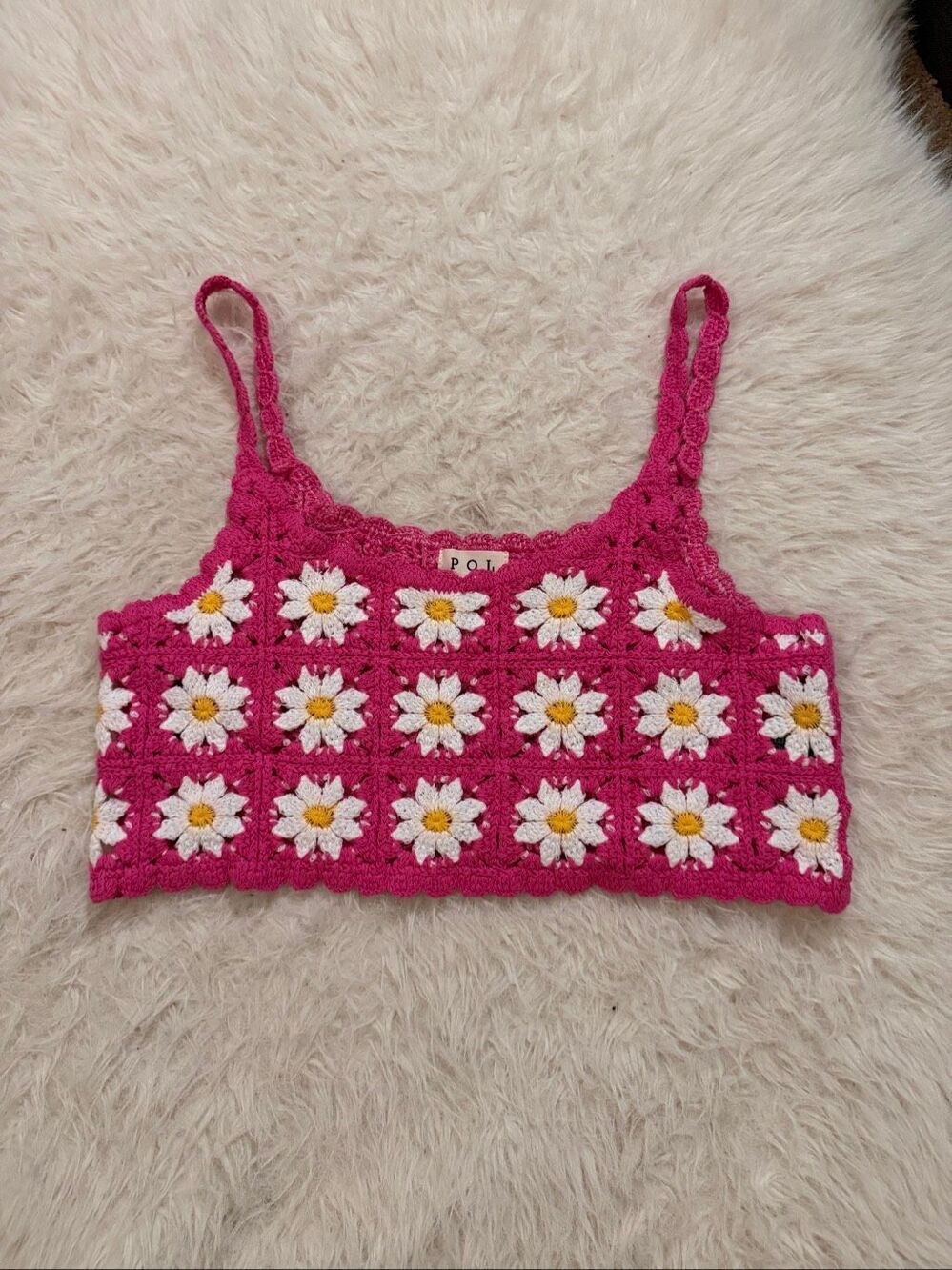 NWOT POL pink, crochet, granny squares crop Cami